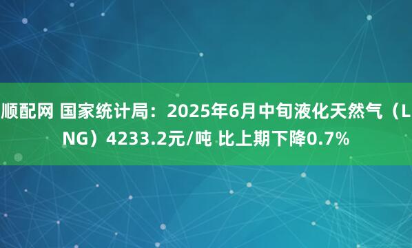 顺配网 国家统计局：2025年6月中旬液化天然气（LNG）4233.2元/吨 比上期下降0.7%